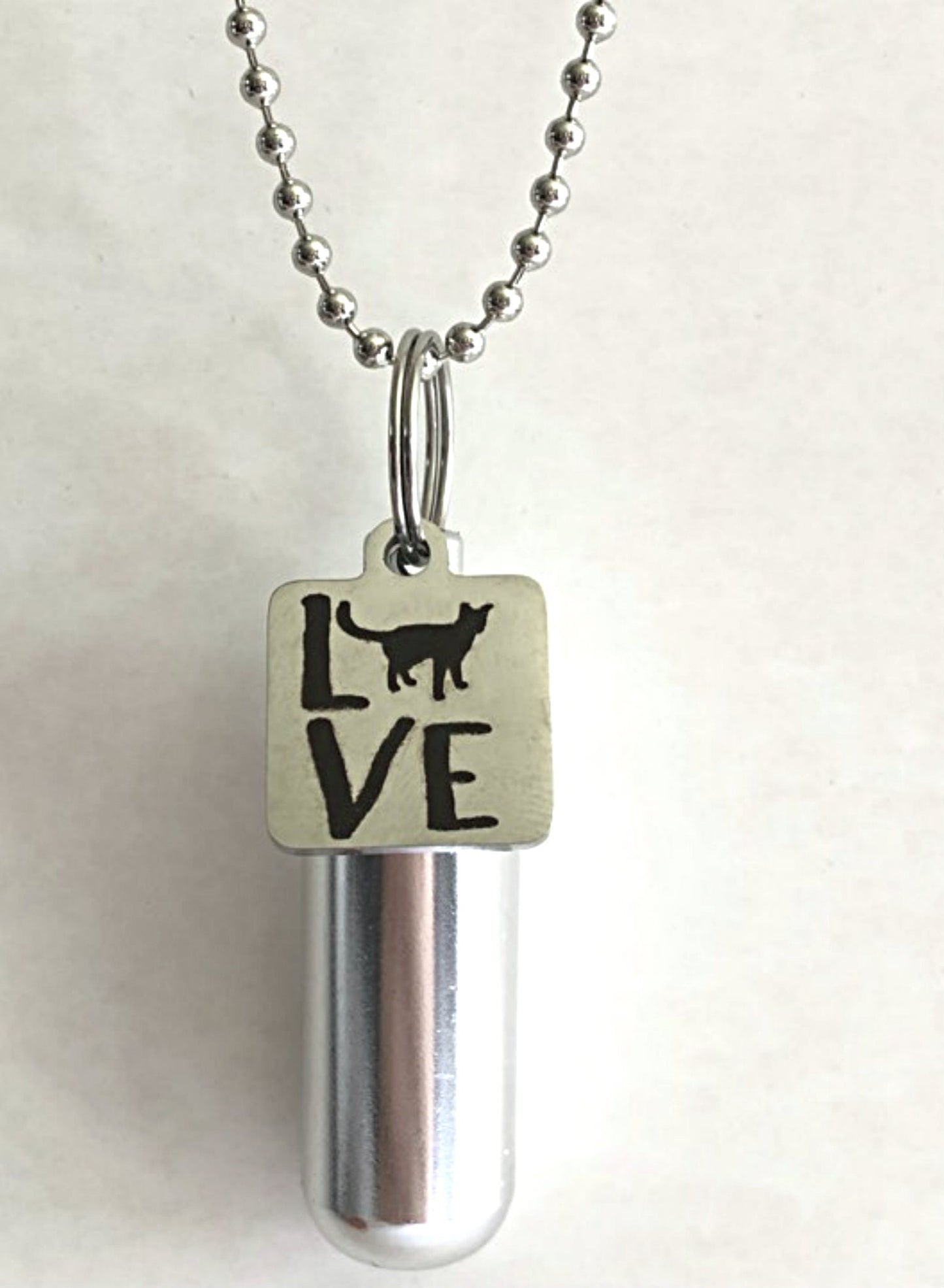 Personal CREMATION URN Necklace with Laser Engraved "LOVE with Cat" Charm - Includes Velvet Pouch, Ball Chain, Fill Kit