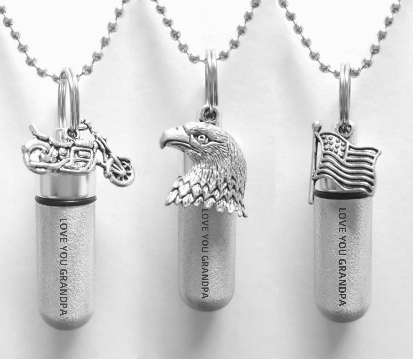 Three Engraved Cremation Urn Necklaces "LOVE YOU GRANDPA" Brushed Silver with Motorcycle, Bald Eagle & Flag - w/Velvet Pouches and Fill Kit
