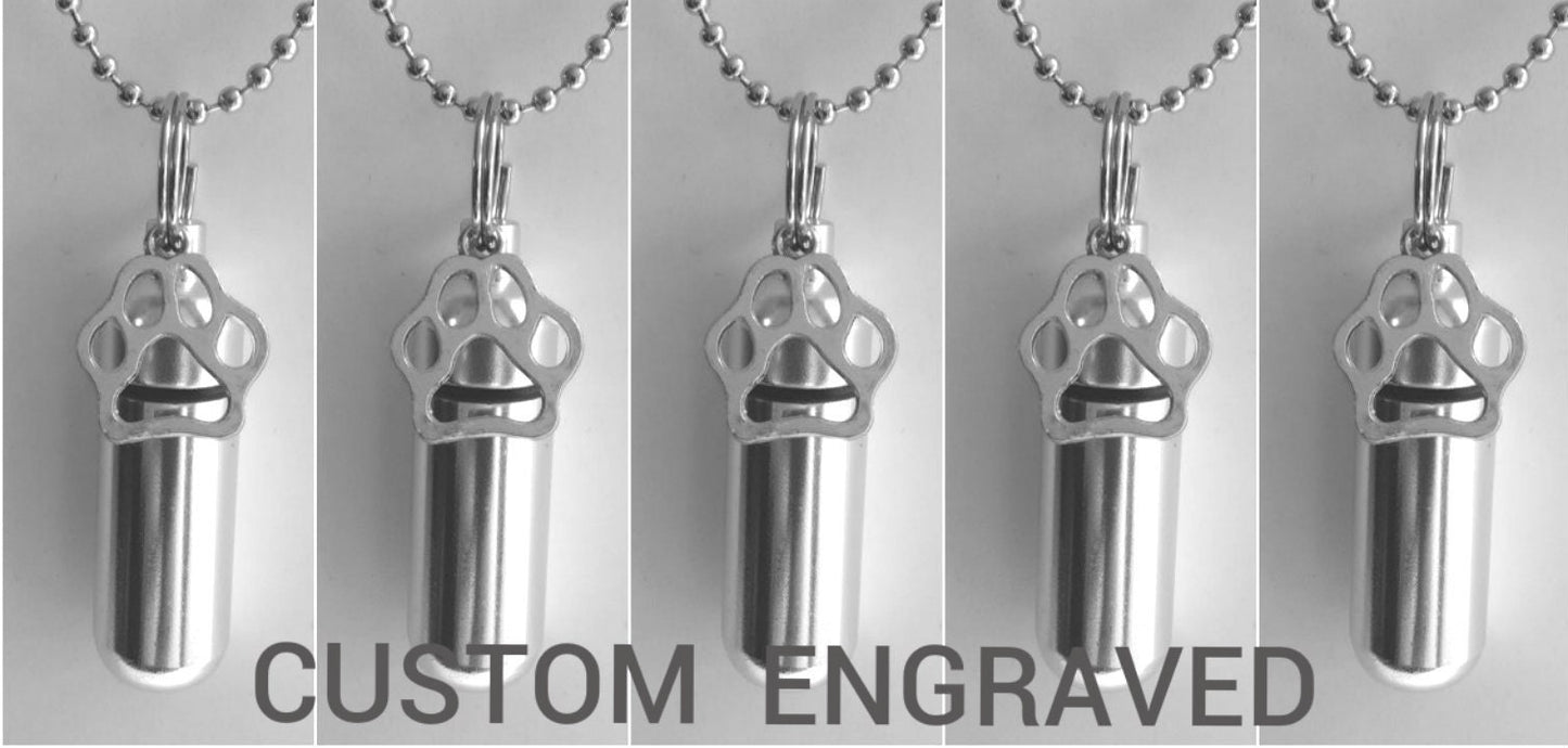 CUSTOM ENGRAVED - 5 Piece Special Set - Pet Cremation Urn Necklaces with Silver Dog/Cat Paws - Pet Urn, Pet Loss, Dog Ashes, Cat Loss