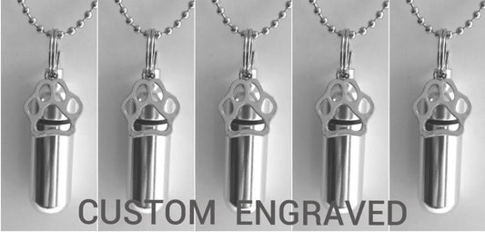 CUSTOM ENGRAVED - 5 Piece Special Set - Pet Cremation Urn Necklaces with Silver Dog/Cat Paws - Pet Urn, Pet Loss, Dog Ashes, Cat Loss