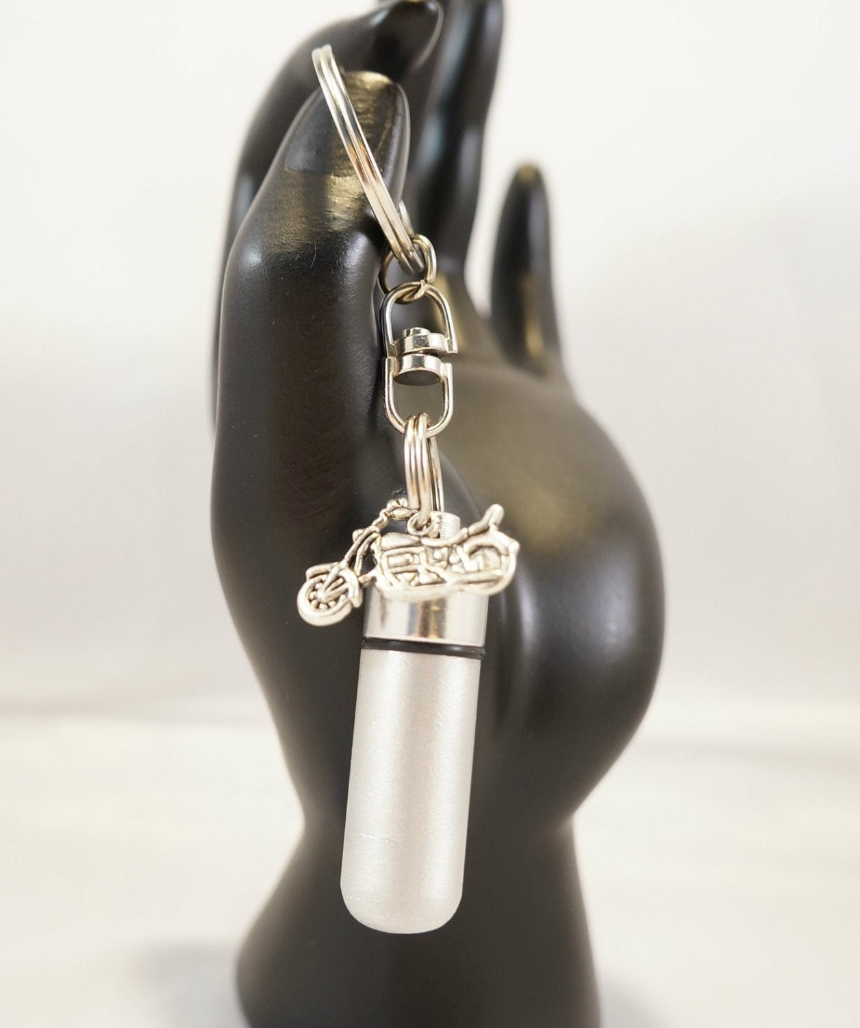 Brushed Silver Cremation Urn with MOTORCYCLE on Stainless Steel Swivel Keyring - Memorial Jewelry, Urn Keepsake, Personalized Urn, Pet Urn