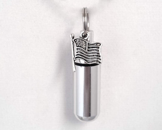 Silver Cremation Urn Keepsake with Silver AMERICAN FLAG - with Velvet Pouch and Fill Kit