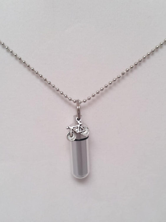 Silver Cremation Urn & holder on 24" Ball-Chain Necklace with Bicycle - Hand Assembled.... with Velvet Pouch and Fill Kit