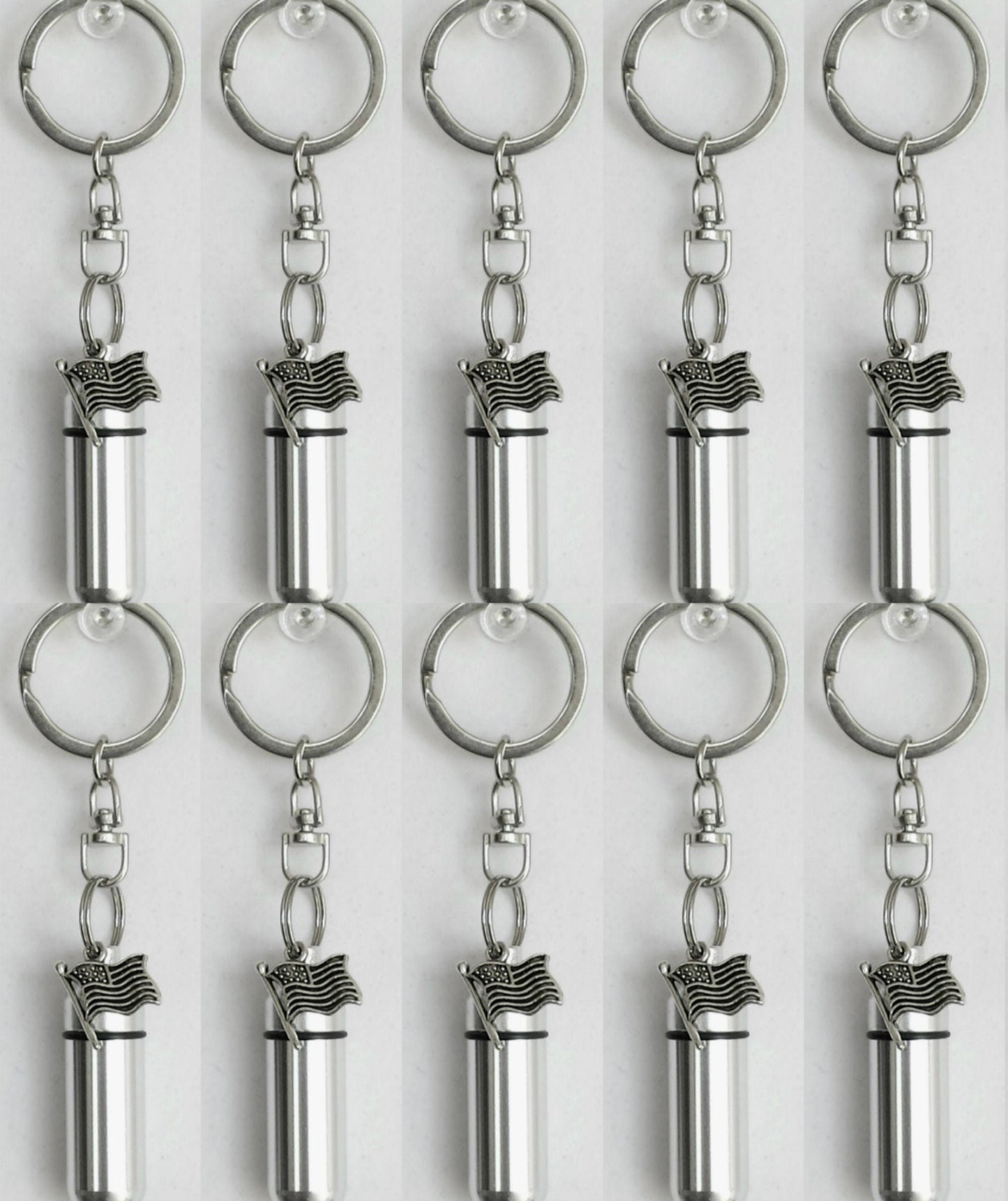 TEN Silver American Flag CREMATION URNS on Stainless Steel Swivel Keychains, Memorial Jewelry, Cremation Jewelry,  Memorial Keychains