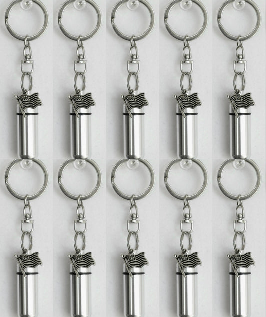 TEN Silver American Flag CREMATION URNS on Stainless Steel Swivel Keychains, Memorial Jewelry, Cremation Jewelry,  Memorial Keychains