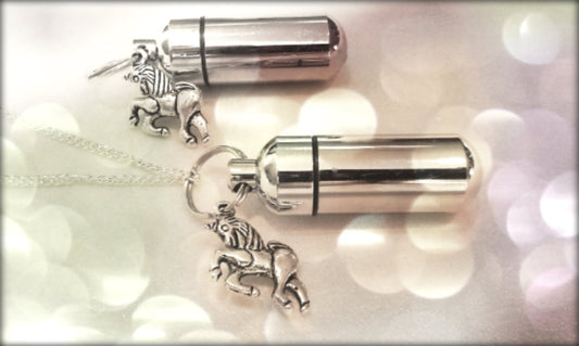 UNICORN 2pc. Special Set - Cremation Urn Necklace & Keychain Urn - with Velvet Pouches and Fill Kit