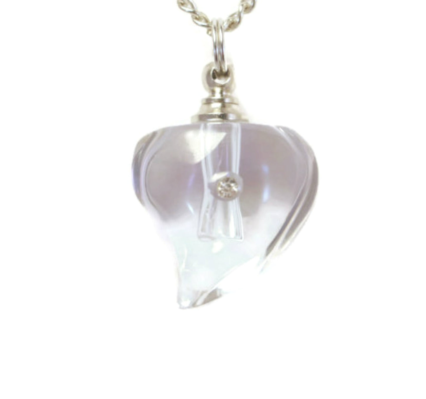 Lovely Clear Crystal Heart with Rhinestone CREMATION URN on 24" Silver Curb Chain Necklace with Velvet Pouch & Fill Kit - Memorial Keepsake