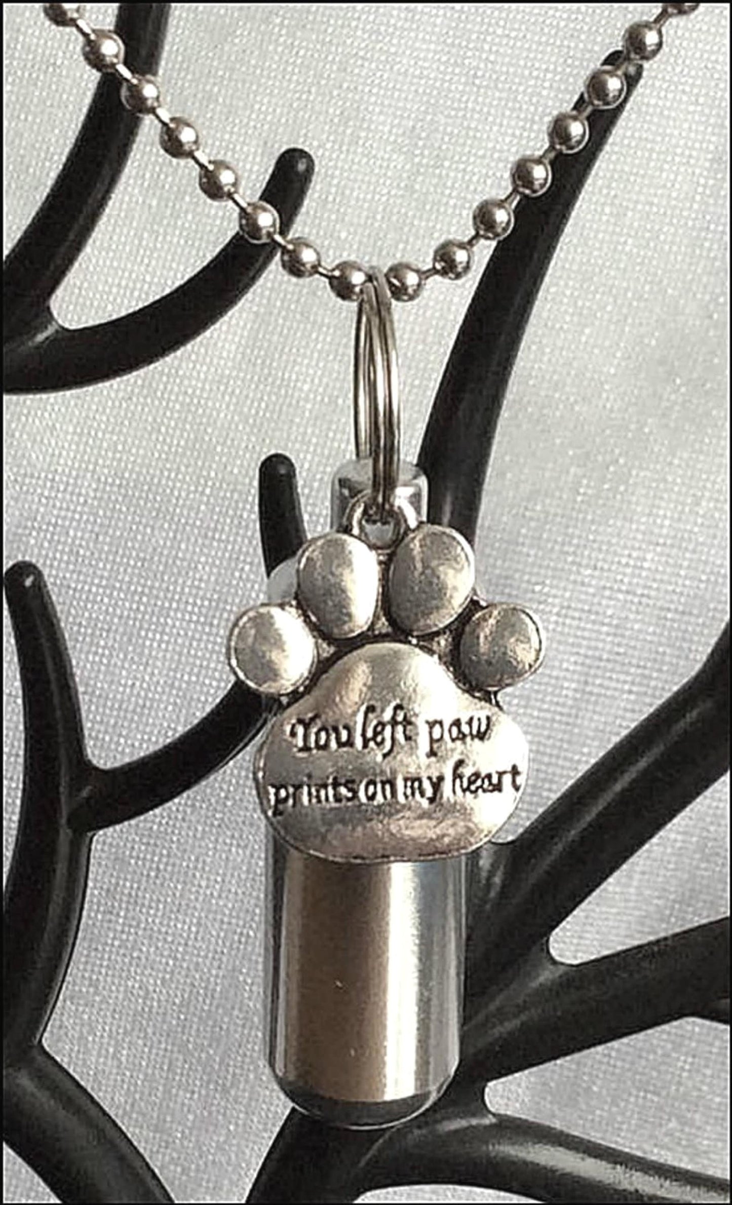Personal Engraved CREMATION URN NECKLACE "You left paw prints on my heart" - with Velvet Pouch, 24" Steel Ball Chain & Fill Kit