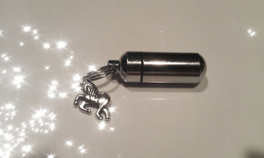 CREMATION URN Keepsake Locket/Vial with Silver UNICORN - Hand Assembled.... with Velvet Pouch and Fill Kit