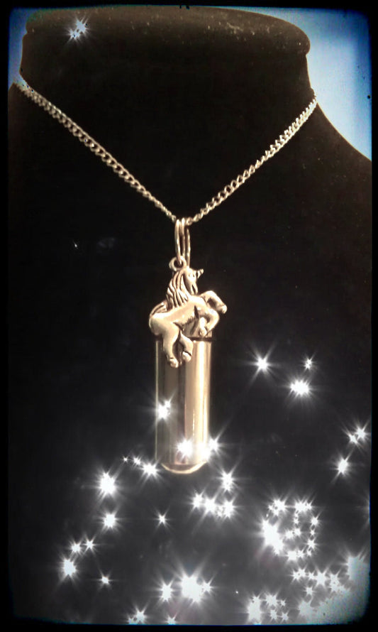 Silver Cremation Urn & holder on 18" Curb Chain Necklace  with UNICORN -  Hand Assembled.... in Black Velvet Pouch