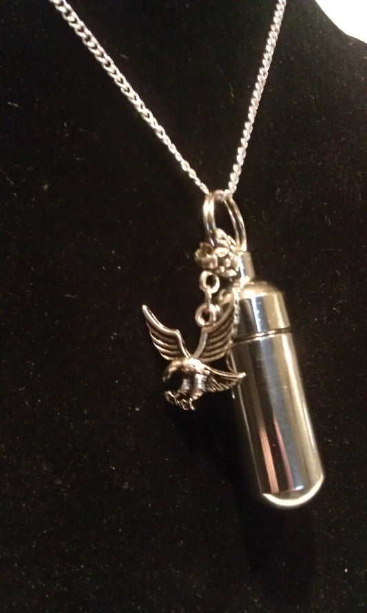 Silver Cremation Urn on 20" Curb Chain Necklace with AMERICAN EAGLE - Hand Assembled.... with Velvet Pouch and Fill Kit