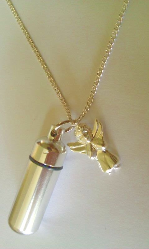 Silver Cremation Urn on 24" Necklace with PRAYING ANGEL - with Velvet Pouch and Fill Kit
