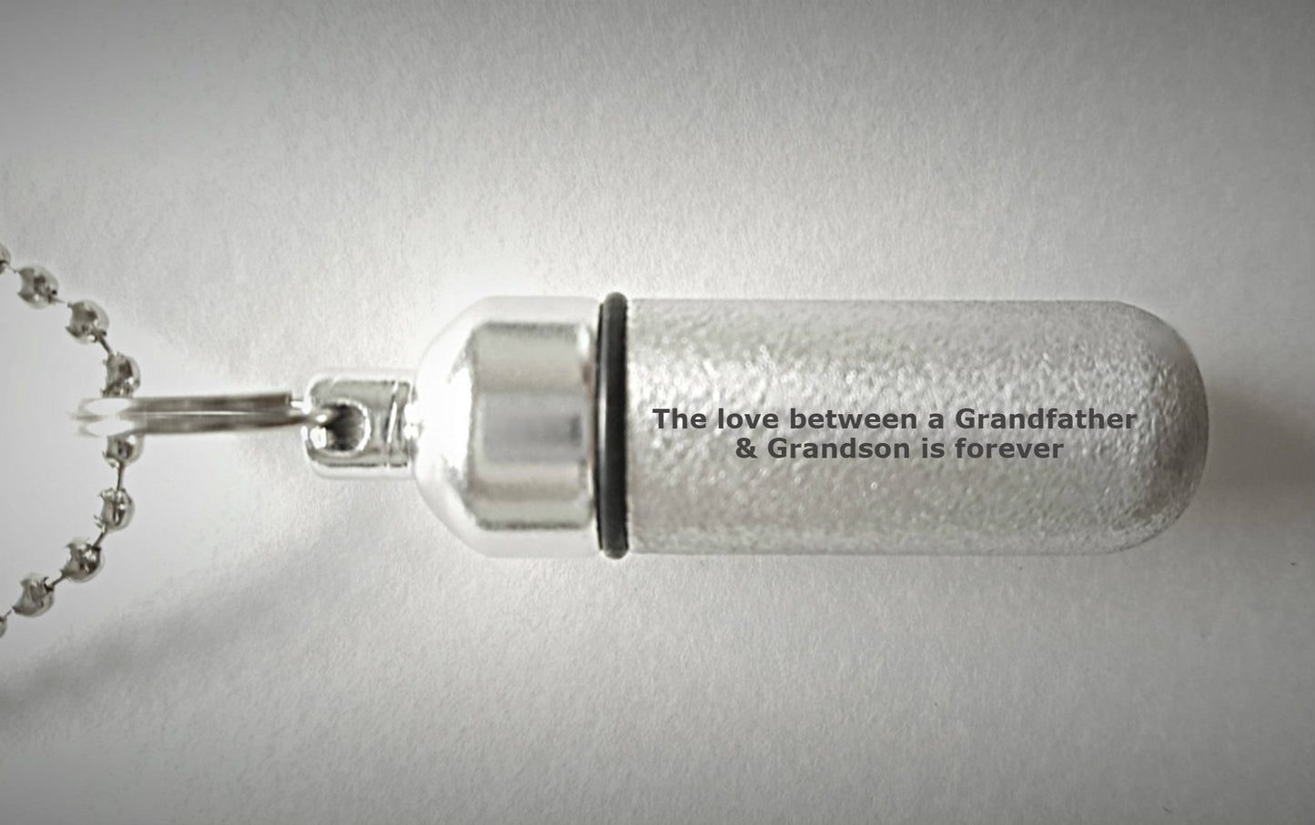 Engraved  "The love between a Grandfather & Grandson is forever" Brushed Silver CREMATION URN Necklace with Velvet Pouch and Fill Kit