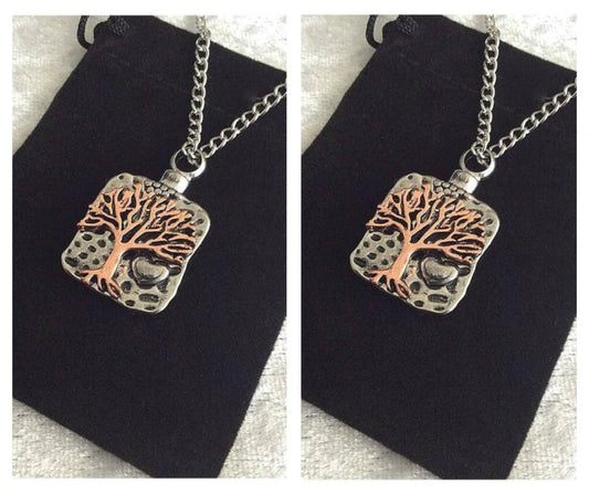 TWO Beautiful Stainless Steel "Handcrafted Tree Of Life" Cremation Urn on 24" Curb Chain Necklaces - with Velvet Pouches and FIll Kit