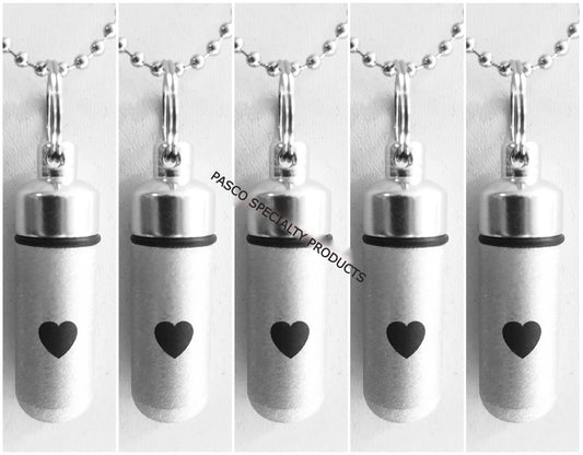 Family Set of FIVE Brushed Silver CREMATION URN Necklaces with Simple Engraved Heart - Includes 5 Velvet Pouches, 5 Ball-Chains & Fill Kit