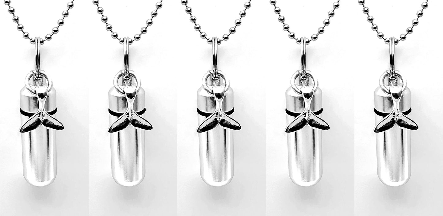 Set of Five WHALE TAIL Cremation Urns on 24" Steel Ball Chain Necklaces - Mourning Jewelry, Urn Keepsake,  Ashes Urn, Personalized Urn