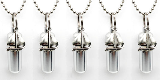 Set of FIVE - Silver Sailboat Cremation Urn Keepsakes on 24" Steel Ball Chain Necklaces - Ashes Jewelry, Urn Necklace, Mourning Keepsake