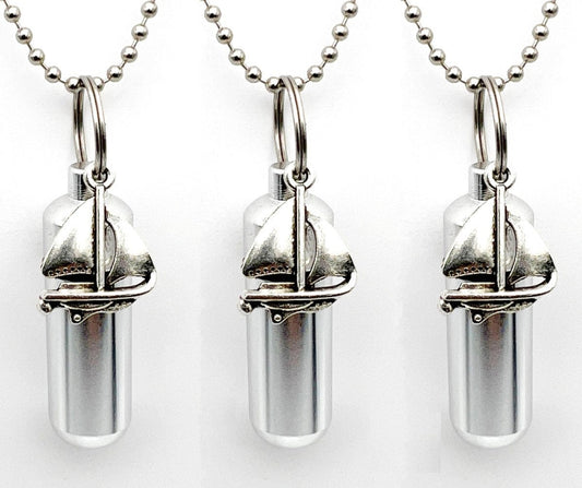 Set of THREE Silver Sailboat Cremation Urns on 24" Ball Chain Necklaces - Urn Jewelry, Ashes Necklace, Mourning Keepsake, Personalized Urn