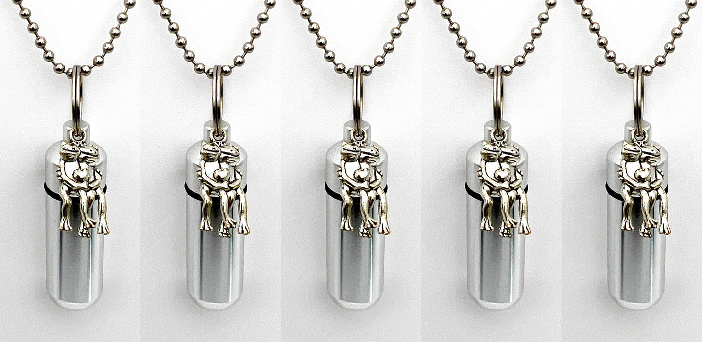 Set of 5 Happy Frogs w/Heart Cremation Urns on 24" Ball Chain Necklaces - Mourning Jewelry, Urn Keepsake, Ashes Necklace, Personalized Urn