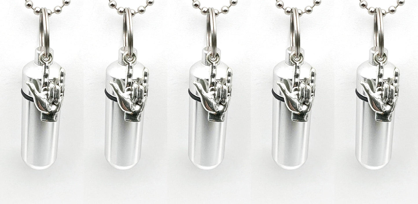 Set Of Five "I LOVE YOU" (Sign Language) Cremation Urns on 24" Steel Ball Chain Necklaces,  Memorial Keepsake, Urn Jewelry, Personalized Urn