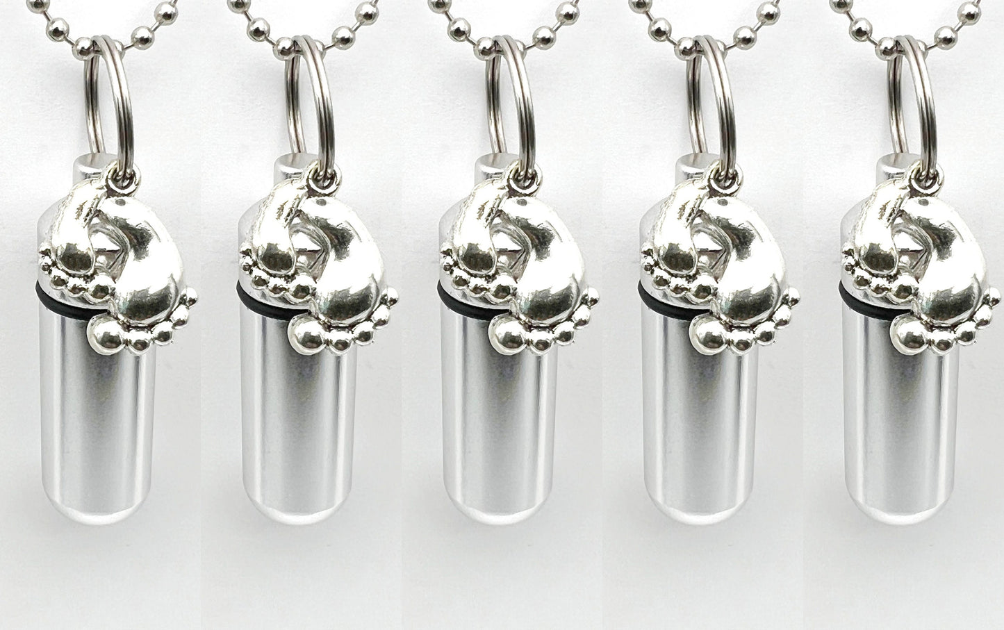 Set of FIVE Cremation Urn Necklaces with Silver Baby Feet - Mourning Jewelry, Child Loss, Baby Loss. Urn For Ashes, Urn Keepsake, Memorial