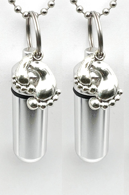 Set of Two CREMATION URN NECKLACES  w/Silver Baby Feet, Memorial Jewelry, Ashes Keepsake, Baby Urn, Child Urn, Child Loss, Personalized Urn