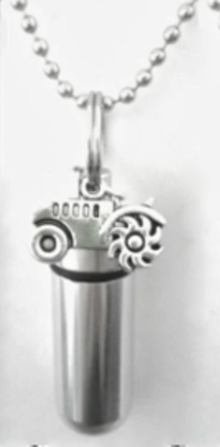 Personal CREMATION URN on 24" Ball-Chain Necklace with Silver Tractor - Hand Assembled.... with Velvet Pouch and Fill Kit