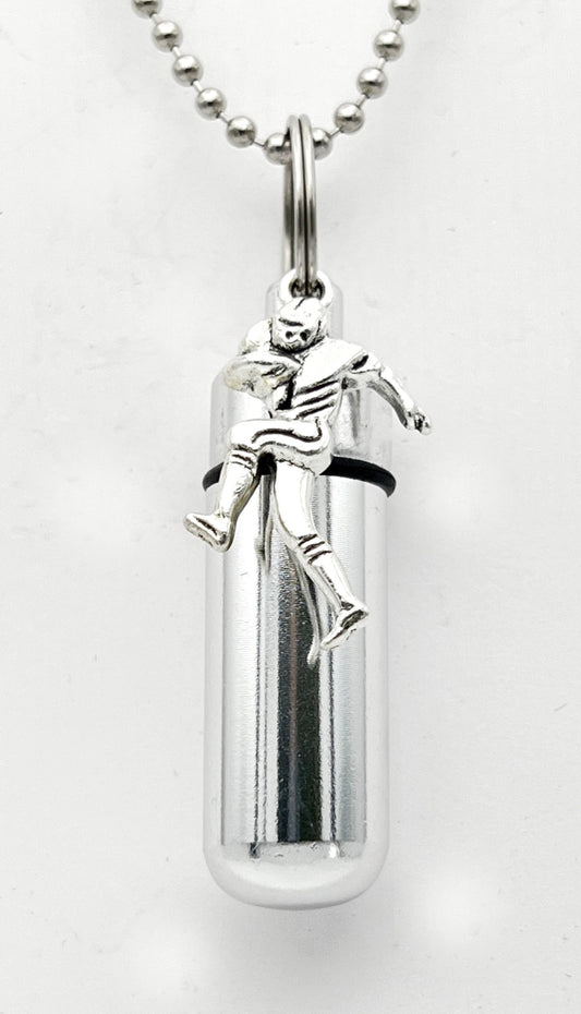 Football Player CREMATION URN  on 24" Steel Ball-Chain Necklace with Black Velvet Pouch and Fill Kit