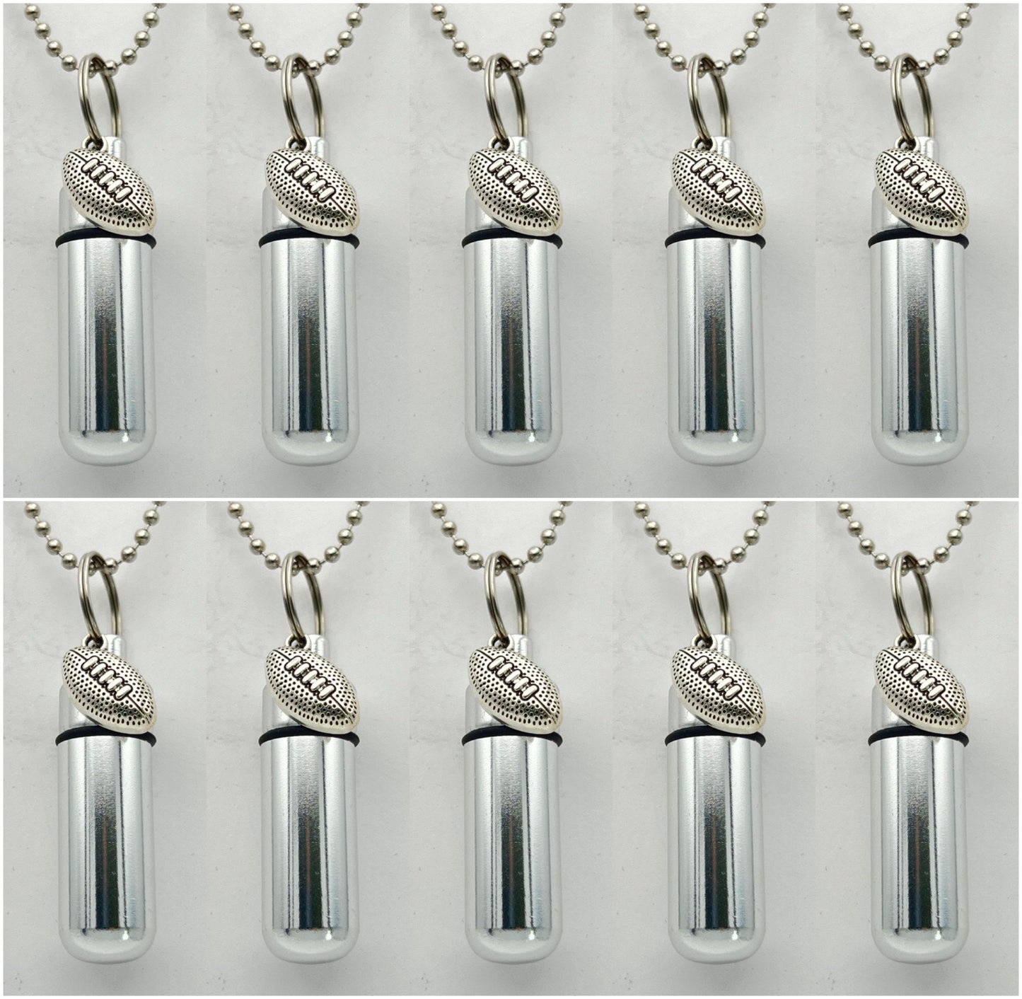 Set of TEN Football CREMATION URNS on 24" Steel Ball-Chain Necklaces Memorial Jewelry, Urn Pendant, Urn For Human Ashes, Personalized Urn