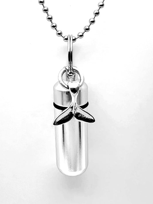 WHALE TAIL Cremation Urns on 24" Steel Ball Chain Necklaces - Symbol of Strength & Power -  Hand Assembled with Velvet Pouches and Fill Kit