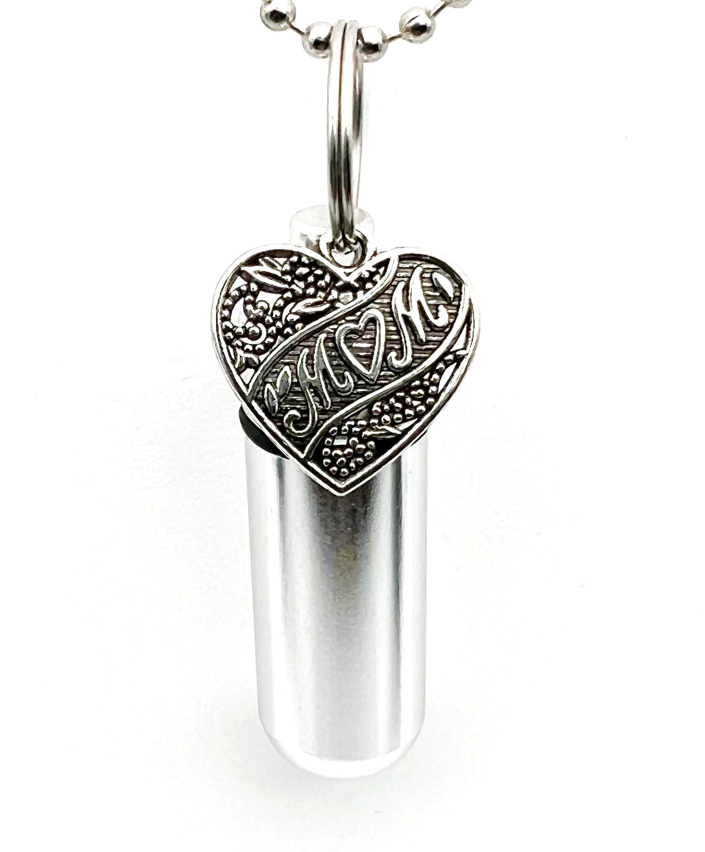 Set of Two MOM LOVE HEART Cremation Urns on 24" Steel Ball Chain Necklaces - Hand Assembled with Two Velvet Pouches and Fill Kit