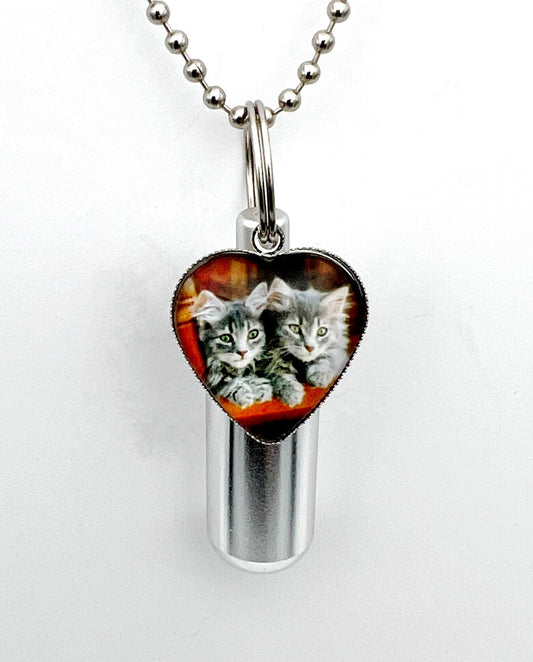 Adorable Kittens Cremation Urn on 24" Ball Chain Necklace with Velvet Pouch & Disposable Fill Kit, Pet Urn, Cat Urn - CUSTOM ENGRAVABLE