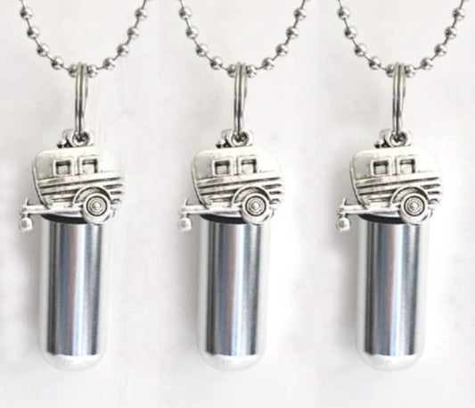 Set of Three Silver Camper/RV/Trailer CREMATION URN Necklaces - Mourning Keepsake, Memorial Jewelry, Ashes Necklace, Personalized Urn