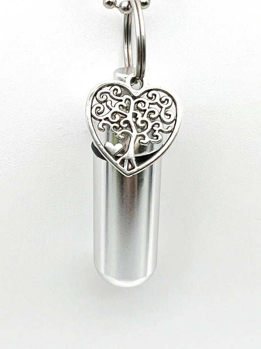 Filigree Silver Heart with Tree-Of-Life CREMATION URN - Includes 24" Ball Chain Necklace, Black Velvet Pouch and Fill Kit