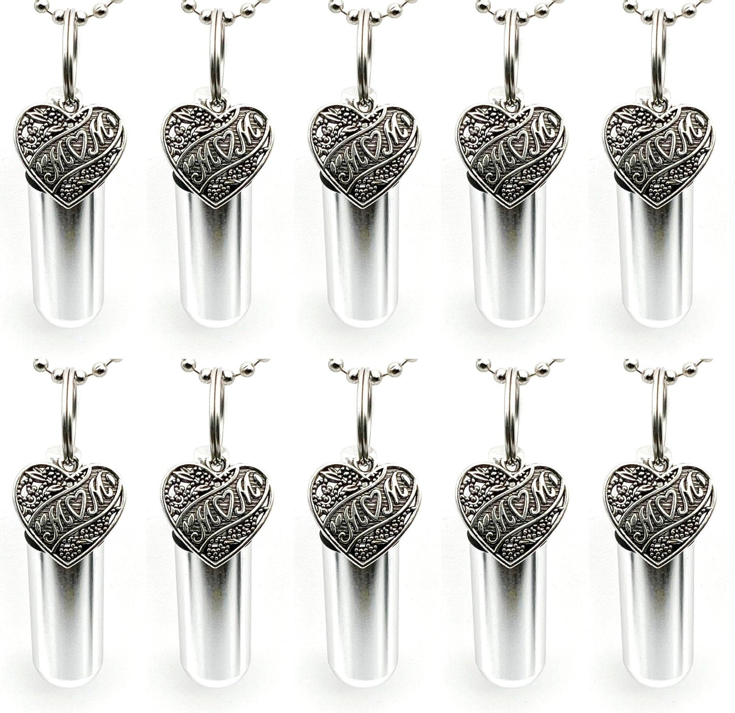 Set of TEN Mom Love Heart Cremation Necklaces on 24" Ball Chains, Memorial Jewelry, Cremation Jewelry, Personalized Urn, Mourning Jewelry