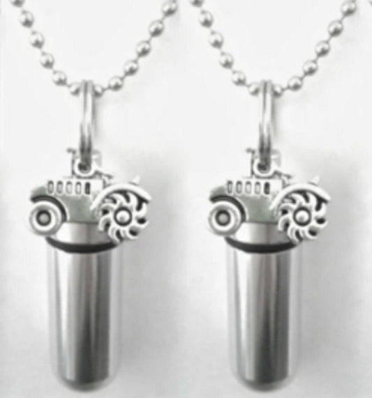 Set of TWO Cremation Urn Necklaces with Farm Tractor  - Includes TWO Velvet Pouches, TWO 24" Ball-Chains & Fill Kit