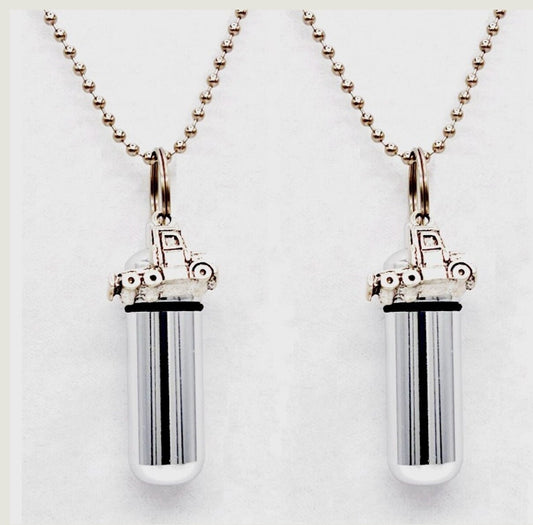 Set of TWO Cremation Urn Necklaces with Silver Semi-Truck / 18 Wheeler - Includes TWO Velvet Pouches, TWO 24" Ball-Chains & Fill Kit