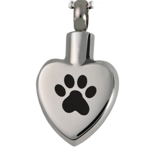 Stainless Steel Heart Cremation Urn with Engraved PAW  on 24" Ball-Chain Necklace - Pet Loss, Pet Memorial, Dog Paw, Pet Cremation, Mourning