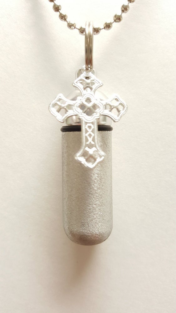 Brushed Silver Filigree Cross Anointing Oil Holder - Includes Velvet Pouch, 24" Ball Chain Necklace, Personalized