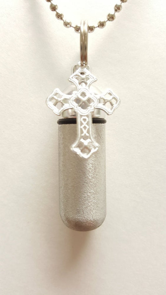 Brushed Silver Filigree Cross Anointing Oil Holder - Includes Velvet Pouch, 24" Ball Chain Necklace, Personalized