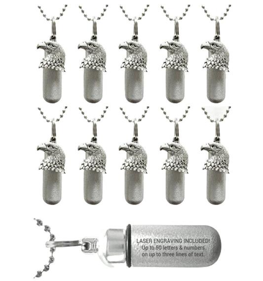 TEN Personalized Brushed Silver "Patriotic Bald Eagle" Cremation Urn Necklaces, Memorial Jewelry, Urn Pendant, For Human Ashes, Pet Urn