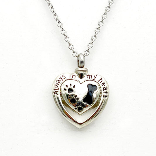 Steel "Always In My Heart" with Paw & Bone - Pet Cremation Urn on 20"  Curb Chain Necklace - with Velvet Pouch and Fill Kit, Pet loss