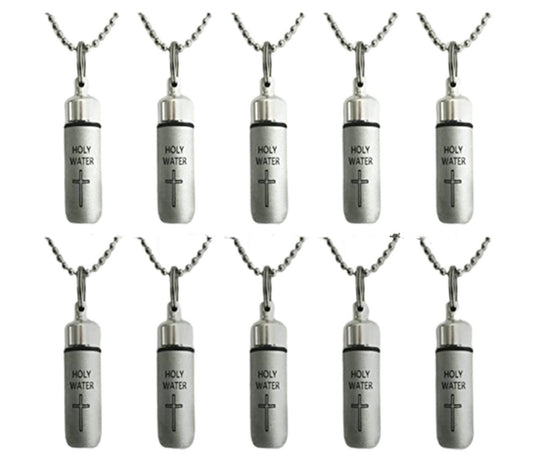 Set Of 10 Brushed Silver ENGRAVED HOLY WATER Bottle/Holder/Urn Necklaces/Keychain, With 10 Pouches, 10 Ball Chains, & Fill Kit