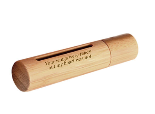 ENGRAVED "Your wings were ready, but my heart was not"  Sandalwood Cremation Urn / Scattering Tube w/Window - Fits Pocket or Purse
