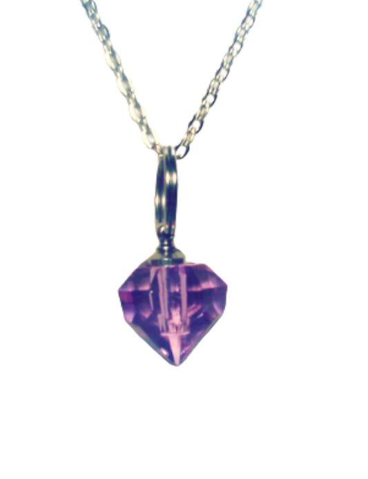 Violet Crystal Mourning Stone CREMATION URN on 24" Silver Necklace  -   with Velvet Pouch and Mini Funnel