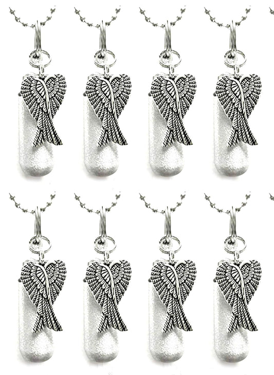Set of EIGHT Brushed Silver Cremation Urn Necklaces with Angel Wings, Ashes Jewelry, Memorial Jewelry, Urn For Human Ashes, Personalized Urn