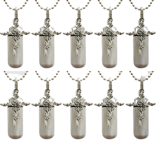 TEN Brushed Silver CREMATION URN Necklace Keepsakes w/Rose Cross & Engraved Hearts, Memorial Jewelry, Urn for Human Ashes, Personalized Urn