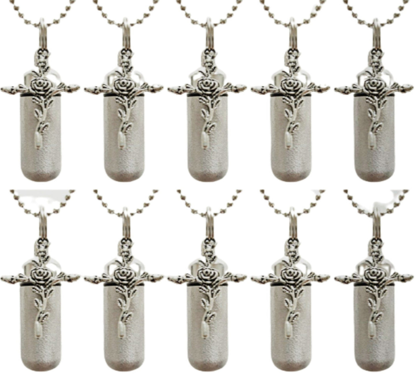 Set of TEN Brushed Silver CREMATION URN Necklaces with Rose Crosses - Ashes Necklace, Memorial Jewelry, Mourning Jewelry, Personalized Urn