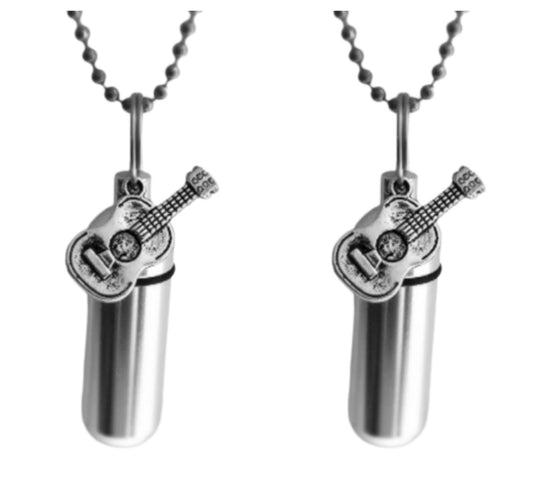 Set of TWO Silver CREMATION URN Necklaces Acoustic/Folk Guitars - Memorial Jewelry, Ashes Necklace, Mourning Jewelry, Urn Necklace