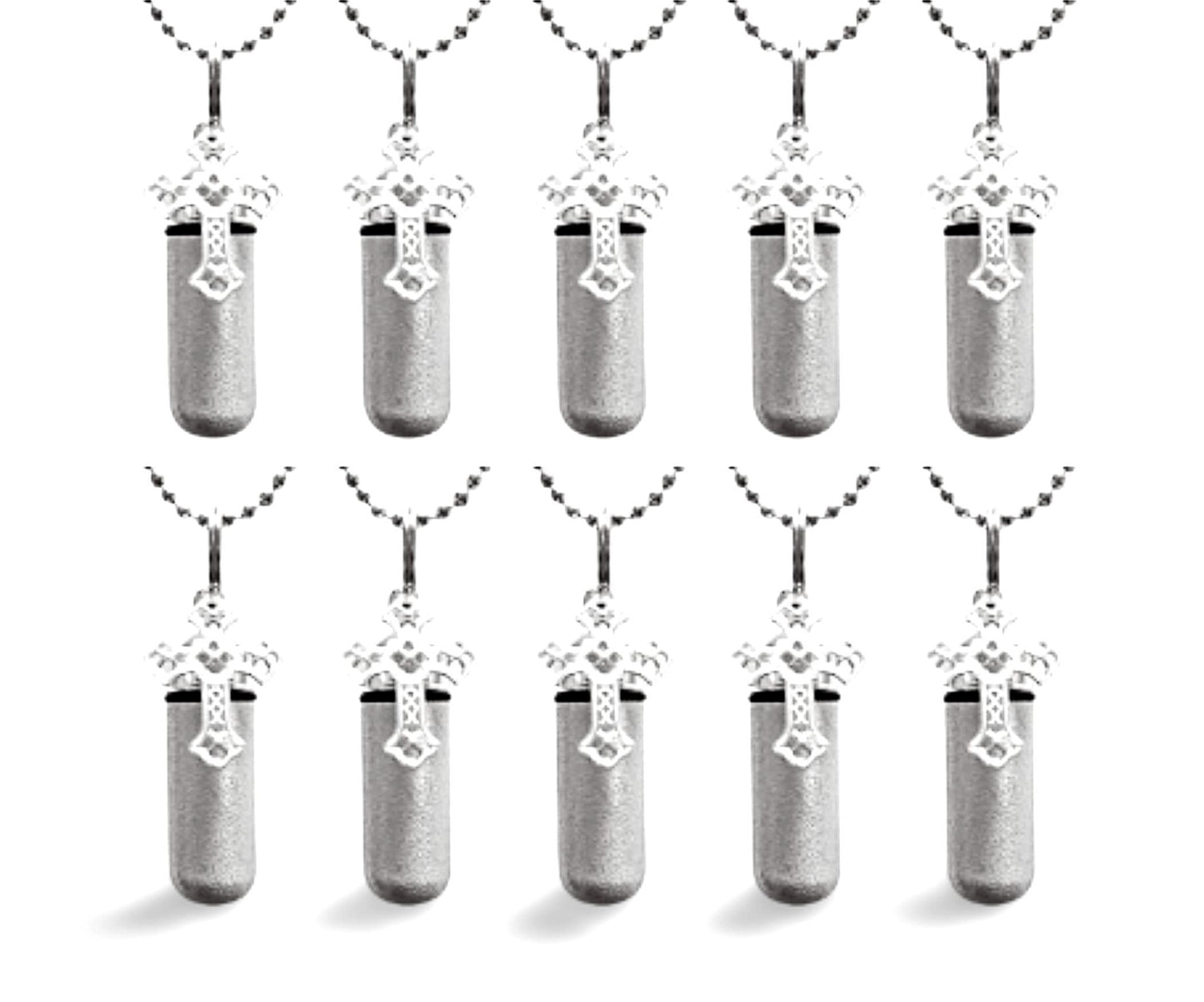 Set of TEN Brushed Silver Lace Cross CREMATION URN Necklaces w/Laser Engraved Hearts - Ashes Necklace, Memorial Jewelry, Urn For Human Ashes